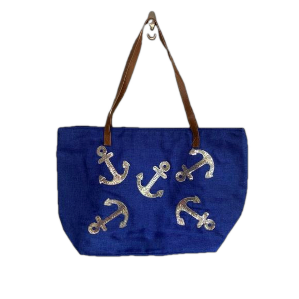 Isla Bonita Dark Blue Silver Sequined Anchors Woven Lined Beach Tote NWT